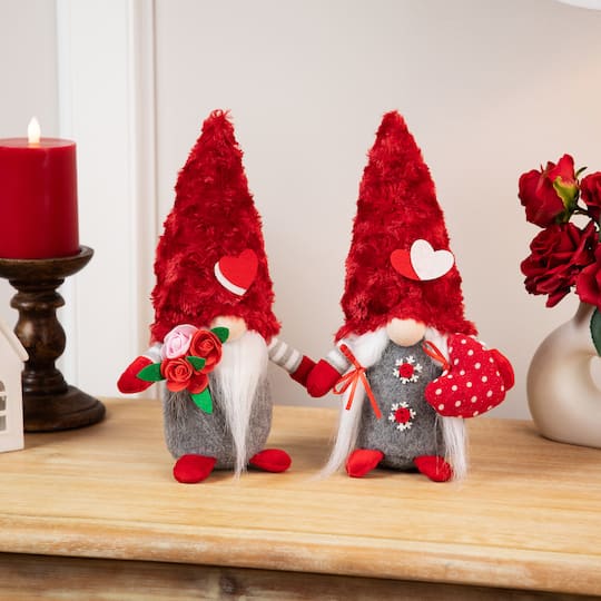 11.5" Red & Gray Fuzzy Hat Valentine's Day Gnomes Set